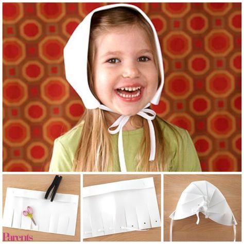 DIY Pilgrim Bonnet | Fold over one long edge of a piece of white crafts foam to create a 2-inch-wide brim. Staple it once on each side to hold it in place. Make seven evenly spaced 4-1/2-inch-long cuts on the long unfolded edge for a total of eight flaps.Punch a hole 1 inch from the edge at the center of each flap. Thread a 24-inch piece of white grosgrain ribbon down through the hole of the first flap. Pull the ribbon from each side to meet at the center. Pilgrim Bonnet, Pilgrim Crafts, Pilgrim Costume, Thanksgiving Hat, Preschool Thanksgiving, November Crafts, Pilgrim Hat, Thanksgiving Preschool, Thanksgiving Decorations Diy