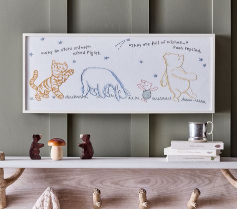 disney-winnie-pooh-embroidered-art Literature Themed Nursery, Gender Neutral Nursery Disney, Nursery Rhyme Nursery Theme, Baby Boy Winnie The Pooh Nursery, Baby Nursery Winnie The Pooh, Winnie The Pooh Bedroom Ideas, Simple Winnie The Pooh Nursery, Disney Boy Nursery, Winnie The Pooh Bathroom