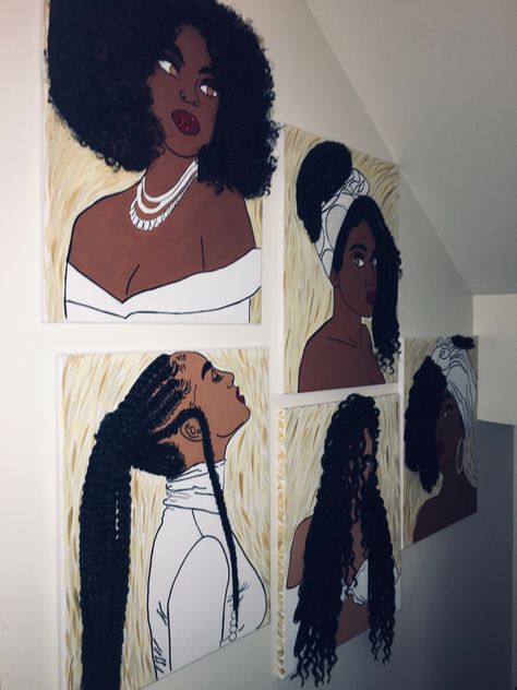 Painting Afro Hair Tutorial, Black Afro Painting, Natural Hair Paintings, Black Woman Canvas Paintings Easy, Braids Painting Hair Art, Afro Hair Salon, Afro Hair Painting, African American Art Women, African Art Projects