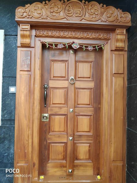 Teakwood Door Designs, Mandir Doors, Teak Wood Main Door Design Entrance Indian, Royal Architecture, Chettinad House, Latest Door Designs, Pooja Unit, Main Doors, House Front Door Design