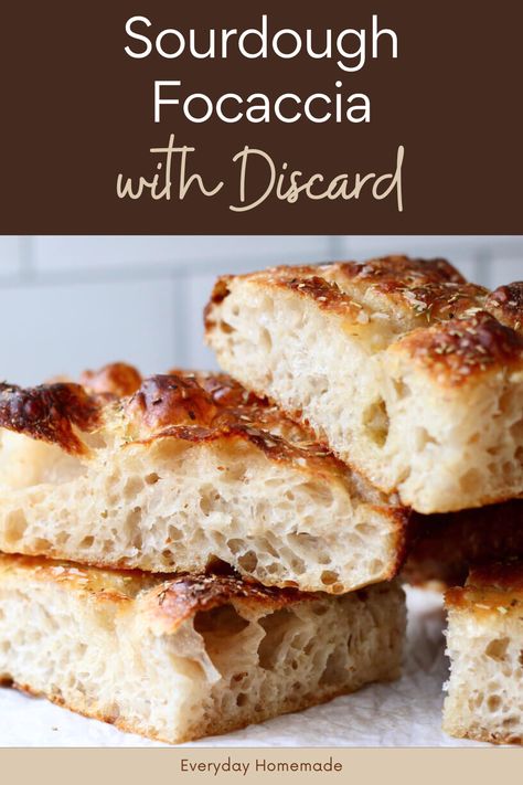 Make Sourdough Focaccia with Discard using this easy recipe! With just 5 ingredients, you can create crispy, fluffy focaccia bread using an active starter or discard. Ready the same day or overnight, and customize your toppings for the best side dish for fall dinners and soup. Sourdough Discard Focaccia Bread Recipe, Discard Focaccia Bread, Discard Focaccia, Sourdough Discard Focaccia, Sourdough Focaccia Recipe, Homemade Sourdough Bread Recipes, Foccacia Recipe, Sourdough Starter Discard, Sourdough Focaccia