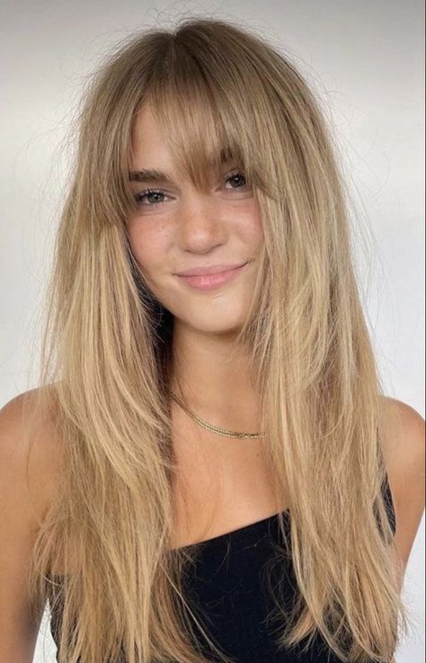 Blonde Bangs, Blonde Hair With Bangs, Sandy Blonde, Blonde Hair Inspiration, Layered Haircut, Haircuts Straight Hair, Long Hair With Bangs, Long Blonde, Long Layered Hair