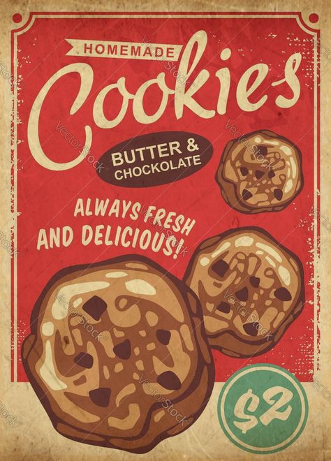 Cookie Poster Design, Cookies Poster Design, Food Vintage Poster, Retro Cookies, Cookies Poster, Retro Food Poster, Vintage Food Posters, Vintage Bakery, Poster Vintage Retro