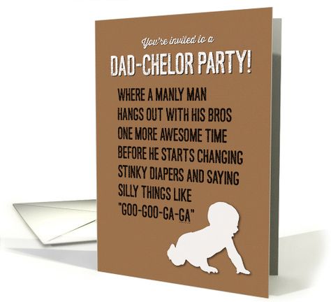 Be a part of the latest craze: parties for expectant fathers! This manly dad-chelor (dadchelor) party invite (folded card) should appeal to the friends & relatives of the soon-to-be dad. Colors: brown, white, and black with a digitally textured background. Customize the inside to fit the particulars of your awesome party ideas! © Good Things by Gorge Dadchelor Party, Awesome Party Ideas, Baby Shower For Men, Diaper Party Invitations, Diaper Party, Man Shower, Baby Shower Party Invitations, Cow Baby Showers, Man Card