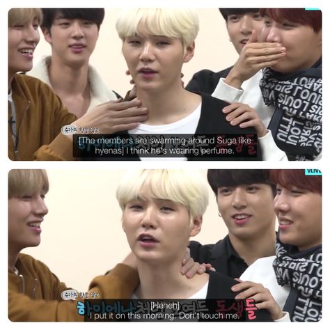 Suga wearing perfume :) Run BTS Suga~ Suga Funny Faces, Suga Perfume, Suga Savage Reply To Haters, Suga Being Savage, Suga Memes Funny, Bts History, Rap Lines, Bts Tweet, Min Yoongi Bts