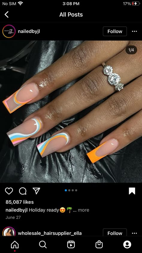 Orange And Blue Aesthetic Nails, Vacation Nails Medium Length, Orange French Nail Designs, Vacation Nail Set, Summer Acrylic Nails Black Women, Medium Nail Designs Summer, Summer Nail Inspo Black Women, Cute Nail Designs For Summer Short, Unique Spring Acrylic Nails