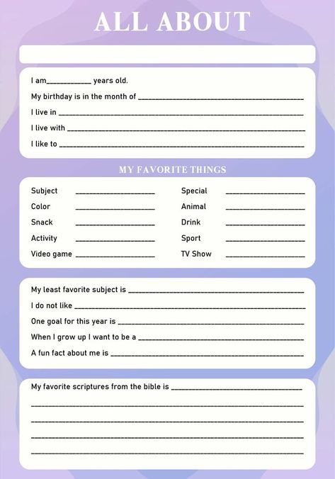 Express yourself and reflect on your life with this free printable All About Me worksheet designed for adults. Use it to explore your thoughts, memories, and aspirations. Download your copy today and start your journey of self-discovery. #SelfDiscovery #PersonalReflection #Adulting101 #freeprintableall Fun Charts To Fill Out, Fun Sheets To Fill Out, All Abt Me Sheets, Alter Introduction Template Did, Slambook Templates Printable, Get To Know Me Page, Cute About Me Template, Introduce Yourself Ideas, Introduce Yourself Template