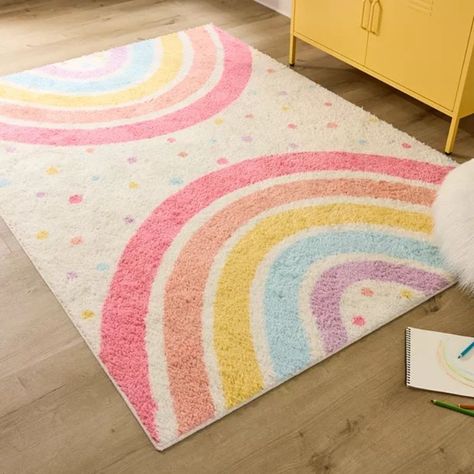 Colourful Dot Hairy Nursery Play Mat For Children Rainbow Fluffy Carpet For Living Room Rectangle Pastel Rainbow Rug, Bright Rainbow Nursery, Pink And Yellow Toddler Room, Girl Playroom Decor, Girls Playroom Decor, Rainbow Play Room, Pastel Playroom Ideas, Playroom Ideas Colorful, Pastel Rainbow Girls Room