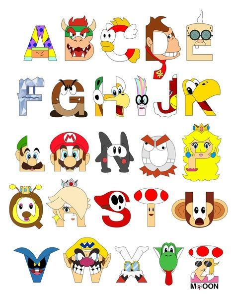 Super Mario characters as alphabet letters! Super Mario Alphabet, Mario Alphabet, Mario Room, Phineas E Ferb, Mario E Luigi, Alphabet Art Print, Mario Bros Party, Mario Birthday Party, Super Mario Party