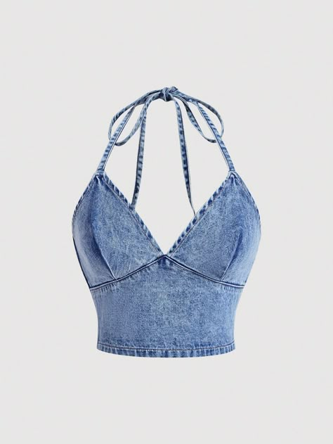 SHEIN MOD Women Halter Simple Fashion Denim Tank Top, Summer | SHEIN USA Tops For Concerts, Shein Cute Tops, Halter Top Aesthetic, Cute Corset Tops, Summer Tops Shein, Trending Crop Tops, Diy Denim Top, Cute Shein Tops, Blueberry Muffin Costume