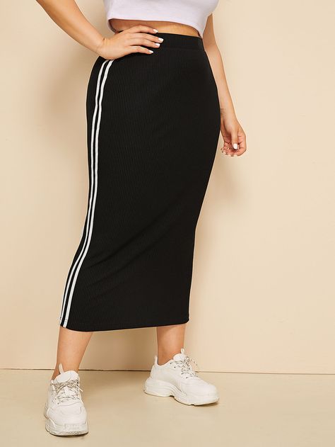 Plus Striped Tape Side Ribbed Pencil Skirt Skirt And Tshirt, Ribbed Pencil Skirt, Hobble Skirt, Knit Pencil Skirt, Chill Outfits, Outer Wear, Plus Size Skirts, Pencil Skirts, Striped Fabrics