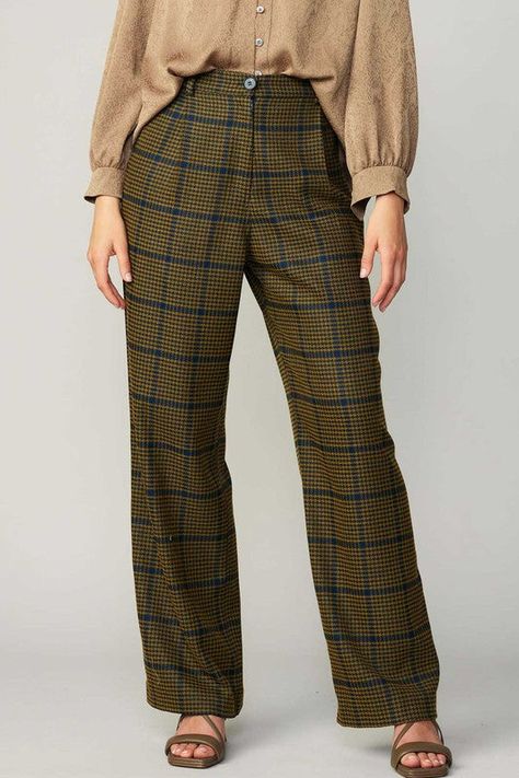 Check Pattern high Waist Pants Tweed Pants Women, Styling Brown Plaid Pants, Fun Patterned Pants, Plaid Slacks Outfit, 70s Business Casual, Casual Professional Outfits, Patterned Pants Outfit, Colourful Pants, Patterned Dress Pants