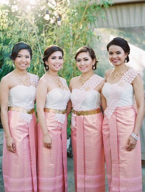 Japanese inspired bridesmaid dresses: http://www.stylemepretty.com/little-black-book-blog/2016/10/06/cambodian-japanese-garden-wedding/ Photography: Luna de Mare - http://lunademarephotography.com/ Laos Wedding Dress, Lao Wedding, Laos Wedding, Cambodian Wedding Dress, Cambodian Dress, Cambodian Wedding, Thai Wedding Dress, Asian Wedding Dress, Wedding Dress Outfit