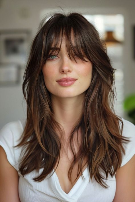 Long Layered Hair V Shape With Curtain Bangs in 2024 Locks With Bangs, Bangs Haircut Ideas, Long Hairstyles With Layers, Hairstyles With Layers, Haircut Ideas Trendy, Style Names, Bangs Haircut, Textured Bangs, Layered Hair With Bangs