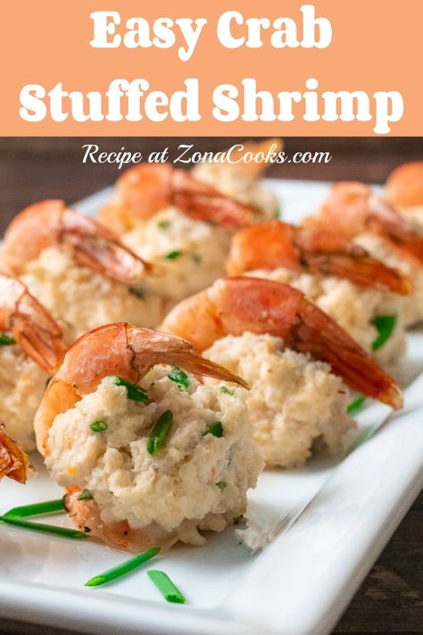 Easy Crab Stuffed Shrimp are delicious, decadent and impressive. Large shrimp are butterflied and filled with a cream cheese, crab and chive filling, then baked to perfection. This dish makes a great appetizer for a small dinner party. It also works great as a lunch, dinner, or romantic date night meal for two. #crab #shrimp #stuffed #seafood #appetizer #dinnerfortwo #lunchfortwo Crab And Shrimp Recipe, Small Dinner Party, Baked Stuffed Shrimp, Baked Shrimp Recipes, Stuffed Shrimp, Crab Dishes, Crab Stuffed, Crab Stuffed Shrimp, Shrimp Recipes For Dinner