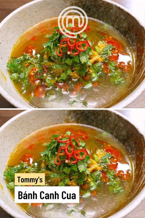 Recreate this Banh Canh Cua (Vietnamese crab noodle soup) on your next chilly night in Banh Canh, Masterchef Recipes, Dried Scallops, Pork Broth, Curry Noodles, Potato Ricer, Tasty Bites, Vietnamese Recipes, Celebrity Chefs