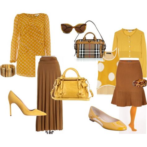 Mustard & Brown Skirt Sets, created by wendy-sheets on Polyvore Mustard Brown Outfit, Yellow And Brown Outfits, Modest Fashion Casual, Burberry Cardigan, Clothes Combination, Yellow Floral Top, Virtuous Woman, Brown Mustard, Brown Skirt