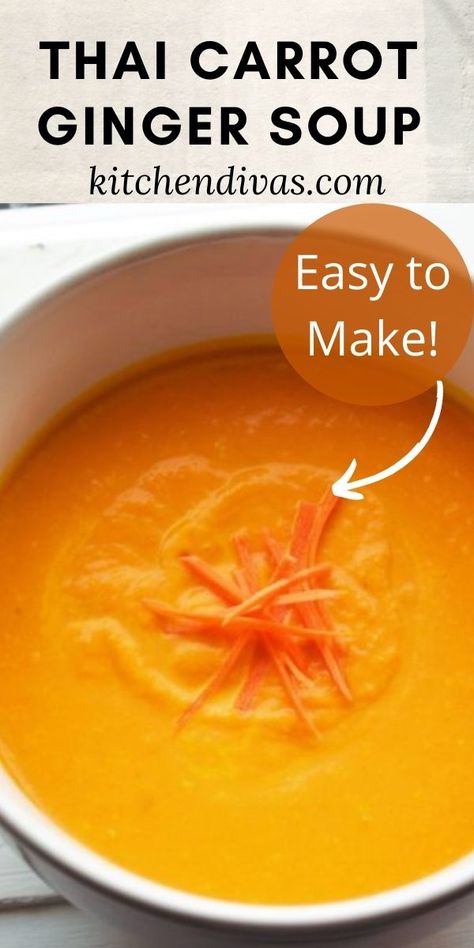 Carrot Ginger Bisque Soup, Homemade Carrot Soup, Thai Carrot Ginger Soup, Carrot Bisque Soup, Carrot Sweet Potato Ginger Soup, Thai Carrot Soup, Carrot And Ginger Soup, Thai Soup Recipes, Carrot Ginger Soup Recipe