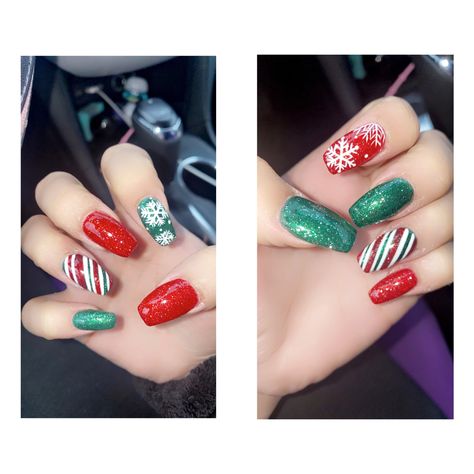 Red Green And Silver Christmas Nails, Red And Green Striped Nails, Christmas Gel Nails Red And Green, Christmas Nails Red Green White, Red White Green Nails, Green Red Christmas Nails, Red White And Green Christmas Nails, Red Green And White Christmas Nails, Red And Green Christmas Nail Designs