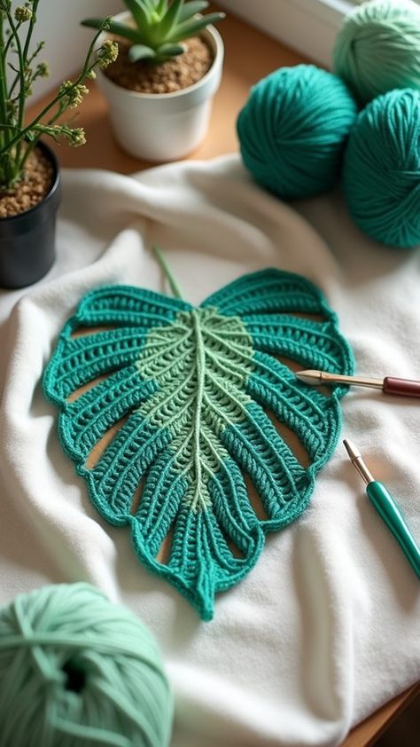 Crochet Monstera Leaf Free Pattern, Leaf Crochet Pattern Free, Crochet Greenery, Leaf Pattern Crochet, Forest Crochet, Leaf Ideas, Crochet Leaf, Crochet Leaf Patterns, Leaf Designs