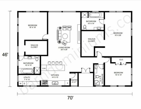 Barndominium with 3 bedrooms, 46x70 Ranch Home Floor Plans, Barndominium Homes, Barndominium Cost, Two Master Suites, Master Suite Bedroom, Barndominium Plans, Bedroom Suites, Modern Floor Plans, Barndominium Floor Plans