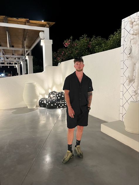 Outfit - Men’s Zara Black Coord with Cortiez 95’s. Few accessories. 2 rings with bracelet, watch and sunglasses. Holiday Evening Outfit, Summer Tracksuit, Ribbed Set, Zara Summer, Holiday Inspo, Holiday Aesthetic, Outfit For Men, Evening Outfit, 2 Rings