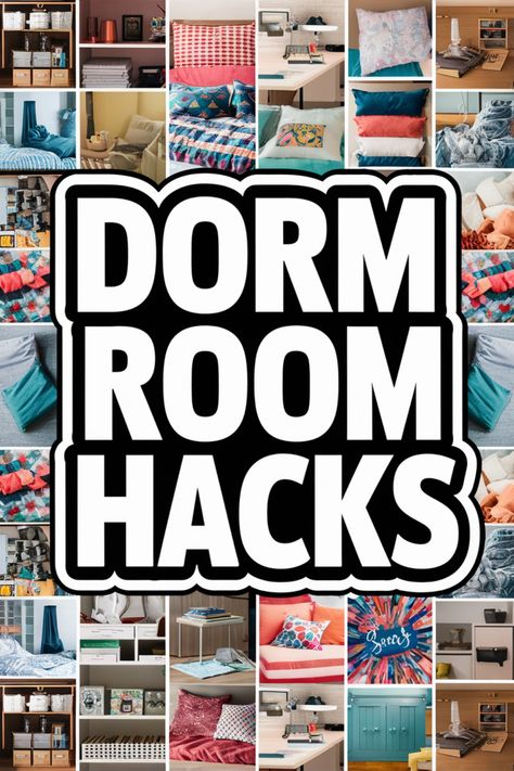 Dorm room hacks collage featuring various storage and decorating ideas. Diy Dorm Room Decor Ideas, Dorm Room Arrangements, Dorm Rooms Ideas, Dorm Room Snacks, Dorm Storage Ideas, Dorm Room Chairs, Diy Storage Ideas, College Dorm Organization, Dorm Hacks