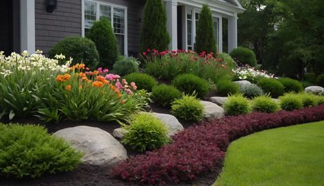 Rocks In Garden, Front Yard Flower Garden, Yard Flower Bed Ideas, Front Yard Flower Bed Ideas, Annual Flower Beds, Front Yard Flower Bed, Rock Flower Beds, Garden Front Of House, Curb Appeal Landscape