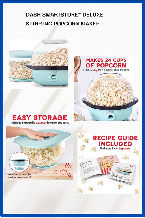 GOURMET POPCORN: Enjoy up to 24 cups of movie-theater-style popcorn with the Dash SmartStore Stirring Popcorn Maker. Plus, with a storage lid included, you can easily store and preserve any leftover popcorn. Dash Popcorn Maker, Dash Popcorn Maker Recipes, Popcorn Maker Recipes, Leftover Popcorn, Popcorn Machine, Gourmet Popcorn, Popcorn Recipes, The Dash, Hot Oil