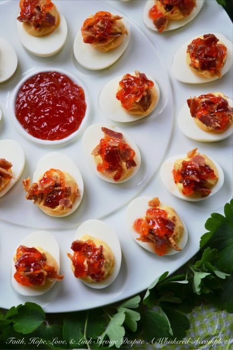 Southern Red Pepper Jelly Deviled Eggs | Faith, Hope, Love, and Luck Survive Despite a Whiskered Accomplice Red Pepper Jelly, Classic Appetizers, Holiday Appetizer, Bacon Jam, Pepper Jelly, Deviled Eggs Recipe, Holiday Appetizers, Crumbled Bacon, Deviled Eggs