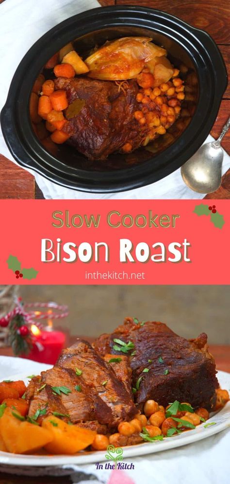 Enjoy Christmas dinner in a more unique way this year with this juicy, nutritious, and delicious bison roast recipe! Recipe at inthekitch.net #inthekitch #bisonroast #christmasdinner Slow Cooker Bison Roast, Bison Roast Crockpot, Bison Chuck Roast Recipes Crock Pot, Bison Roast Recipes Crock Pot, Bison Crockpot Recipes, Bison Chuck Roast Recipes, Bison Roast Recipes, Buffalo Roast Recipe, Bison Roast