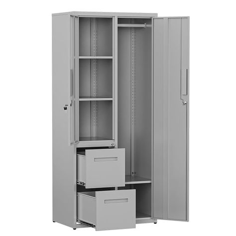 PRICES MAY VARY. Modern Style- This metal storage cabinet is divided into different functional storage spaces by height-adjustable dividers to store clothes, office documents, and tools. It solves the problem of cluttered storage and is suitable for offices, living rooms, schools, employee dormitories and garages. Metal Storage Locker- This tall metal cabinet is manufactured with a heavy-duty steel frame, which the overall steel frame can be up to 0.8mm thick, allows each shelf to hold up to 66 Office Documents, Locking Storage Cabinet, Storage Wardrobe, Metal Storage Cabinet, Coat Storage, Storage Locker, Metal Storage Cabinets, Metal Lockers, Garage Shed