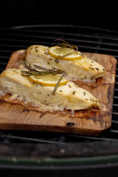 Lemon Rosemary Halibut on a Cedar Plank - Kitchen Laughter Cedar Plank Halibut, Cedar Plank Recipes, Grilled Haddock, Grilled Halibut Recipes, Smoked Halibut, Halibut Recipe, Lemon Fish, Grilled Cod, Compound Butter Recipe