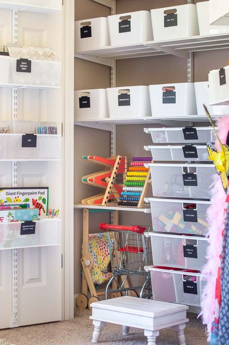 Playroom Storage Ideas & Playroom Closet Organization - Kelley Nan Toy Cupboard Organisation, Toy Storage Cupboard, Elfa Playroom, Toy Storage In Closet, Playroom Closet Organization, Toy Closet Organization, Cupboard Organisation, Toy Closet, Playroom Storage Ideas