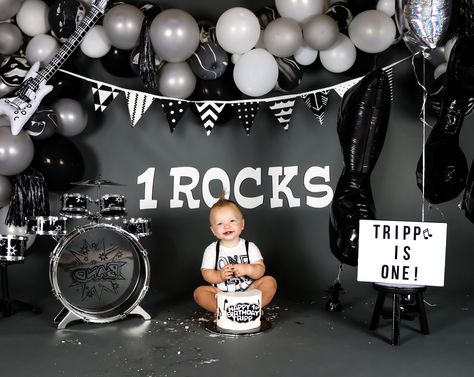 Tripp’s rock’n first birthday party pictures!🎸I love how these turned out, We did these pictures ourself and couldn’t be happier! #onerocks #firstbirthdayphotos #firstbirthday #rockstar #blackandwhite #blackandwhitetheme #rock #rocknroll #rocktheme #birthdaythemes One Rocks Photo Shoot, One Rocks Smash Cake, Festa Rock Roll, Birthday Party Pictures, First Birthday Theme Boy, Rock And Roll Birthday Party, Birthday Party Locations, Music Birthday Party, Rock And Roll Birthday