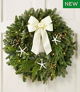 Fresh Wreaths and Greenery | Home Goods at L.L.Bean Coastal Christmas Wreath, Blue Christmas Tree Decorations, Evergreen Christmas, Christmas Wreaths With Lights, Pre Lit Wreath, Coastal Christmas Decor, Holiday Mantel, Evergreen Wreath, Blue Christmas Tree