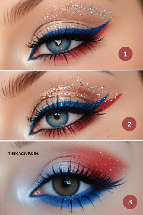 Stunning 4th of July Makeup Ideas: Patriotic Looks to Rock 4 Of July Eyeshadow Looks, Cute 4th Of July Makeup Looks, Fire Work Make Up, 4rh Of July Makeup, American Flag Eyeshadow, 4th Makeup Ideas, July 4th Eyeshadow, 4th Of July Make Up Look, 4th Of July Makeup Aesthetic