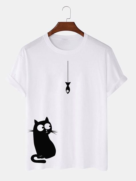 Cat Tshirt Design, Trendy Shirt Designs, Tshirt Printing Design, T Shirt Painting, Shirt Print Design, Short Sleeve Pattern, Trendy Shirts, Animal Tshirt, 45 Years