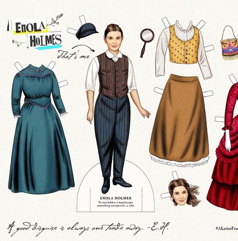 Kyle Hilton illustrated a set of his signature paper dolls for the new hit Netflix show, "Enola Holmes," starring Millie Bobby Brown. Illustration by KYLE HILTON, copyright protected. #illustration #paperdolls #design Ebola Holmes, Enola Gay, Kawaii Crafts, Gay Outfit, Paper Dolls Book, Enola Holmes, Vintage Paper Dolls, American Doll, Bobby Brown