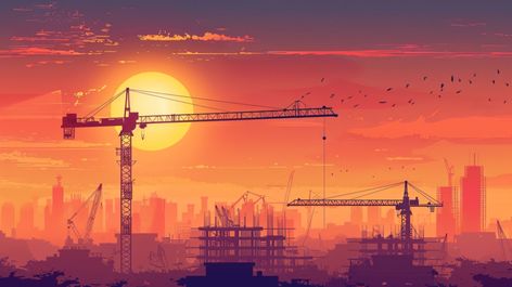 construction site crane silhouettes crane and construction site at sunset Background Construction Ads, Site Background, Construction Wallpaper, Background Sunset, Crane Construction, Construction Images, Creative Juice, Sunset Background, Commercial Construction