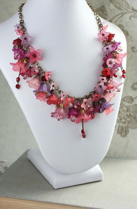 Flower Charm Necklace Lucite Flower Necklace by apocketofposies, $96.00: Lucite Flower Earrings, Pink Berry, Lucite Jewelry, Flower Charm Necklace, Hanging Flower, Fuchsia Pink, Beads And Wire, Flower Charm, Brass Chain