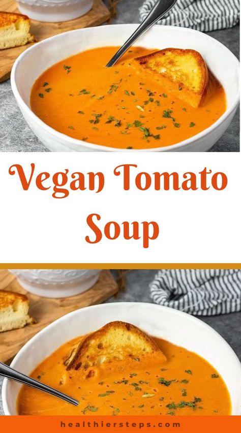 I decided to prepare this warm, light, and comforting dish that is similar to canned tomato soup. It is so easy to prepare, with ingredients that more than likely you already have on hand. I used canned tomatoes, dried herbs (dried herbs are more potent than fresh herbs), and cashews for the creamiest non-dairy tomato soup recipe. Vegan Tomato Soup Recipe, Vegetarian Tomato Soup, Tomato Soup Healthy, Homemade Vegetable Broth, Vegan Tomato Soup, Hearty Vegetable Soup, Canned Tomato Soup, Tomato Soup Recipe, Vegan Grilling