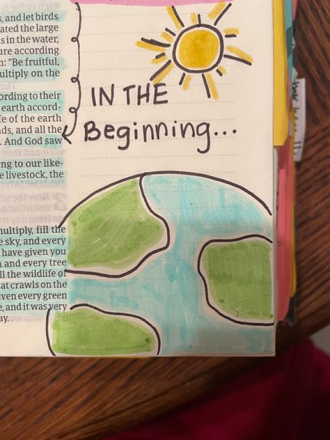 Genesis Bible Drawing, Genesis Bible Art, Bible Journaling Genesis 1:1, Creation Bible Journaling, Bible Decorations Ideas Cover, Genesis 1 Bible Journaling, Genesis Bible Journaling Notes, Genesis Journaling, Genesis Bible Journaling