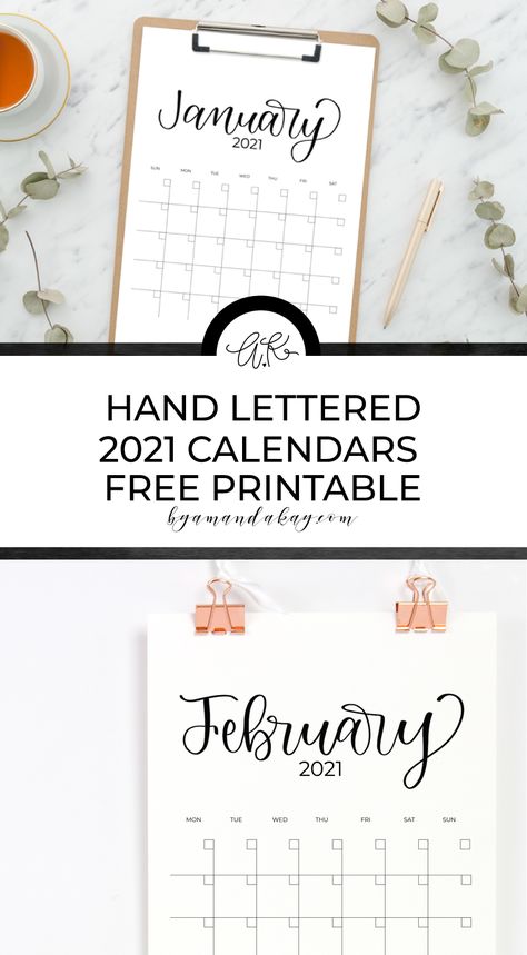 Free 2021 printable calendars featuring a hand lettered title and modern look. #freeprintable #calendars #2021 Calendar Lettering, Pretty Fonts Alphabet, Amanda Kay, Free Printable Calendars, Organization Notes, Digital Calligraphy, Faux Calligraphy, Printable Calendars, Pretty Fonts