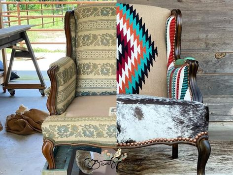 Western Chair Makeover, Western Furniture Ranch Style, Southwest Decor Living Room, Boho Couture, Southwestern Furniture, Cowhide Upholstery, Flip Furniture, Southwest Furniture, Diy Furniture Upholstery