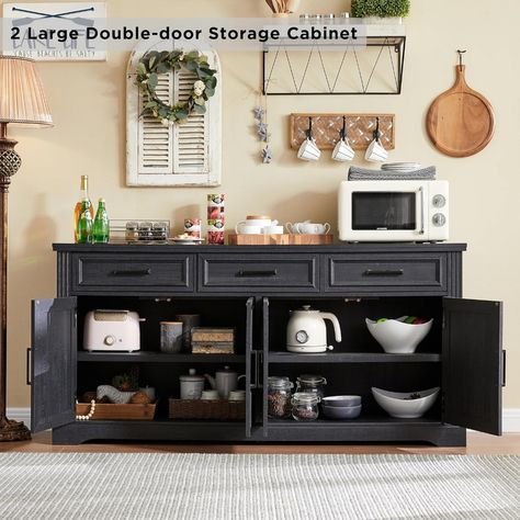 66" Large Buffet Sideboard Cabinet with 4 Doors and 3 Drawers, Buffet Table Coffee Bar Wine Bar Bar Storage Cabinet, Farmhouse Buffet Cabinet, Cabinet Glass Doors, Farmhouse Buffet, Kitchen Cupboard Storage, Living Room Furniture Styles, Cabinet Glass, Buffets & Sideboards, Bar Storage