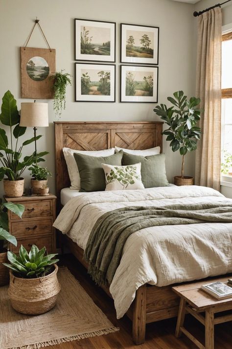 Neutral Cosy Bedroom Ideas, Green Accent Master Bedrooms Decor, Indoor Garden Bedroom, Green Country Bedroom Ideas, Bedroom Ideas Plants Simple, Plant Guest Bedroom, Southern Boho Bedroom, Green Cottage Bedroom Ideas, Master Bedrooms Decor Cozy Green