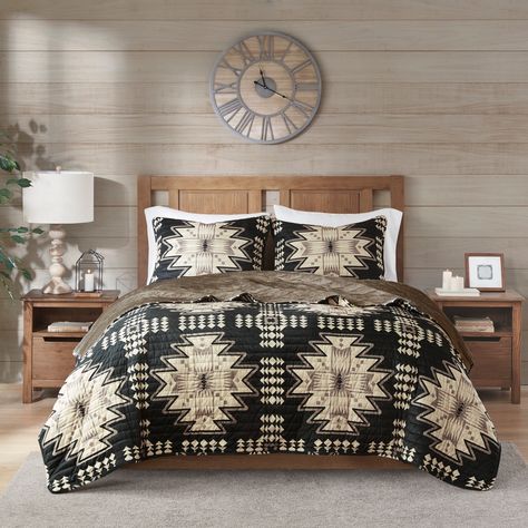 The Woolrich Sierra Print Plush Coverlet Set offers a warm and inviting lodge update to your bedroom. This plush comforter features a tan and black over-scaled Aztec print with 2 coordinating shams to create a charming cabin look. Plush Quilt, Plush Comforter, Western Bedroom, Bedding Stores, Coverlet Set, Western Home Decor, Steam Iron, Plush Fabric, Aztec Pattern