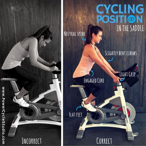 Correct cycling form is key to a safe and effective ride, so we're pretty serious about it with our 3 different positions we feature at PC. This first one is the basic seated position, or "in the saddle." Check this graphic for key cues. [we can't help but mention that form is accentuated in @lucyactivewear Tank and Zenergy Capri Leggings that we sell exclusively at the studio] #PCDoingItRight #indoorcycling #cycling #cyclingform #inthesaddle #LucyLetsGo #lucypro #lnk #nebraska #FindYourPower Stationary Bike Workout, Stationary Bicycle, Indoor Cycling Workouts, Best Exercise Bike, Spin Bike Workouts, Bicycle Workout, Spinning Workout, Best Exercise, Cycling Tips