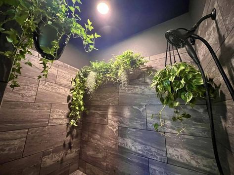 Plants By Tanner Shower Plant Shelf, Bedroom Bathroom Combo, Plants In Bathroom, Shower Plants, Shower Goals, Serene Spaces, Rv Bedroom, Plant Goals, Amazing Showers